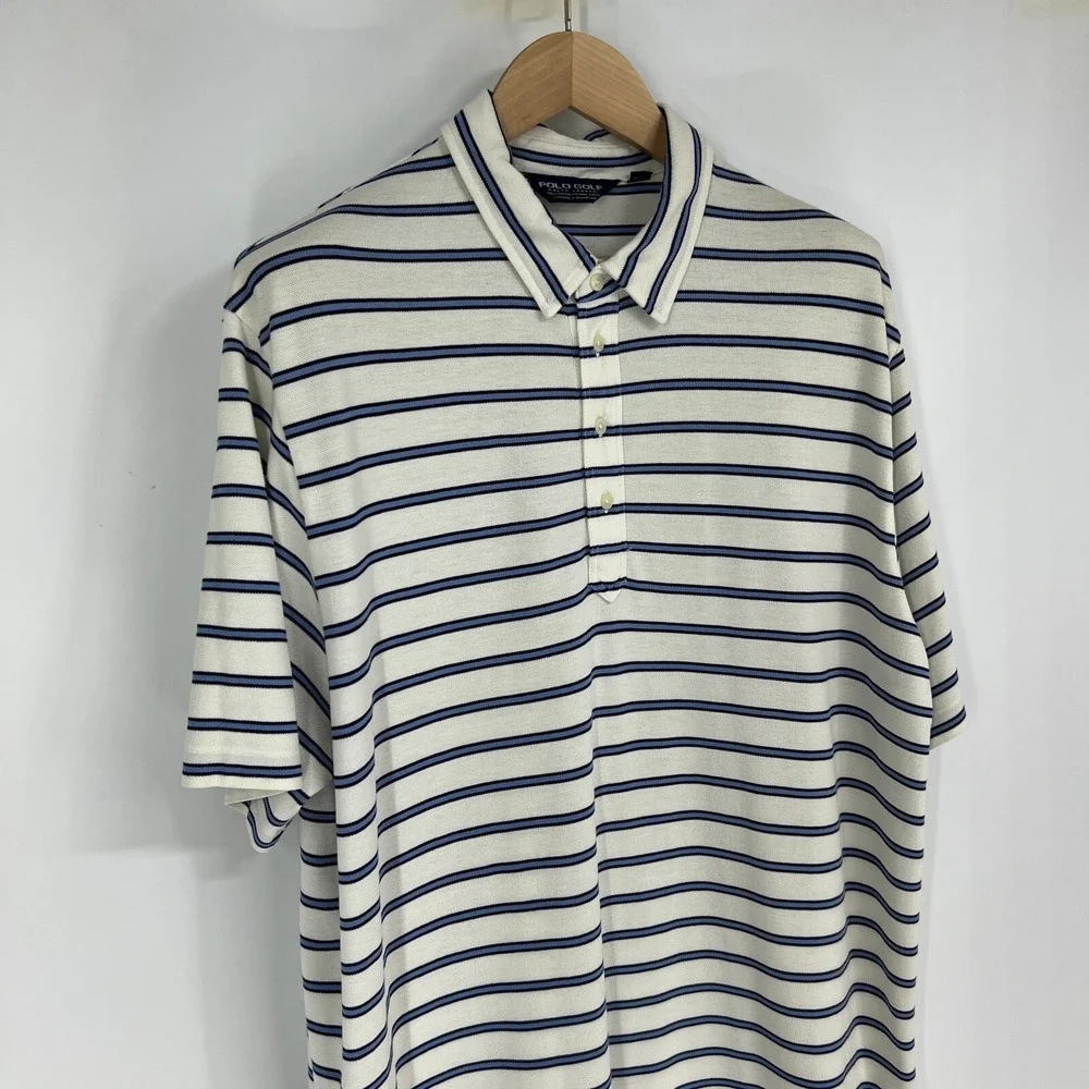 Polo Ralph Lauren Golf Polo Shirt Size XL White Blue‎ Striped Pique Pima Cotton